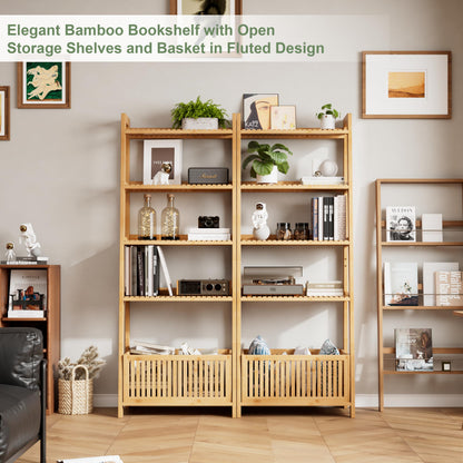 Bamjoy Bamboo Ladder Shelf, Bookshelf with 4 Display Shelves and 1 Open Storage Basket, Multifunctional Storage Rack Organizer for Home Office, Bedroom, Living Room, 66” H Natural