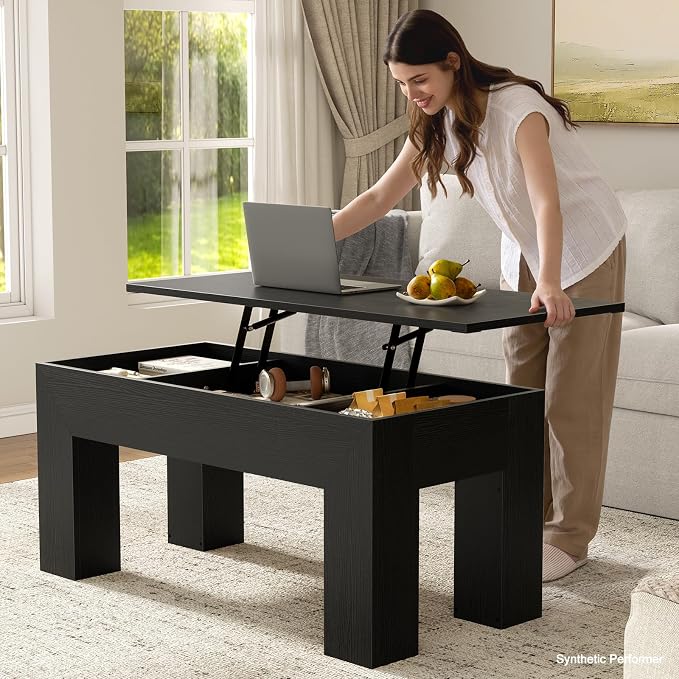 FABATO 41.7'' Lift Top Coffee Table, Wooden Rectangle Coffee Table with Hidden Storage, Large Center Table Adjustable Height Sofa Table for Living Room Office Apartment, Black