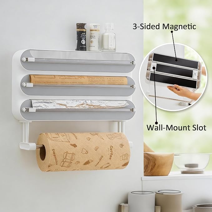 Kitchen Wrap Organizer Wall Mount — Plastic Wrap, Aluminum Foil, Parchment Paper & Paper Towel Holder, 4-in-1 Magnetic Cabinet Organizer, Space Saving ABS Kitchen Storage
