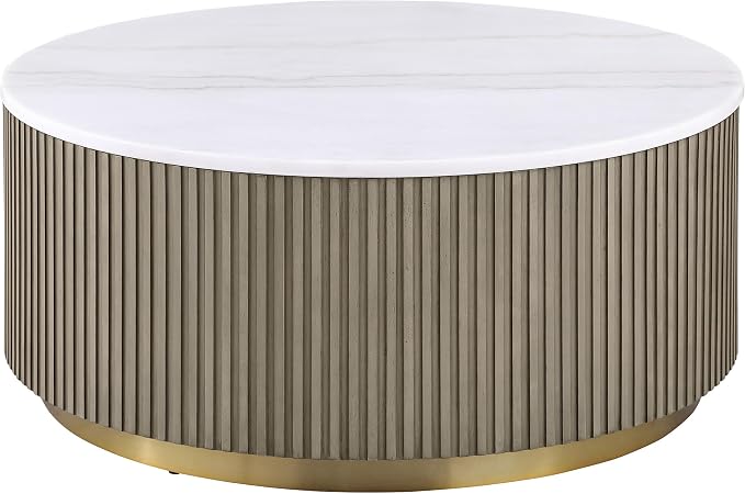 Coaster Home Furnishings - Jason - Wood and Metal - 2-Piece Coffee Table Set with Marble Tops, Reeded Drum Bases, and Gold Ring Accents - Living Room - Greige and White Marble - 711418-S2