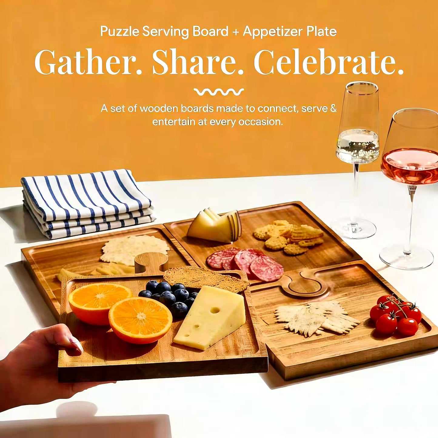 Acacia Wood Charcuterie Boards, Set of 4, Interlocking Serving Tray with Storage Box, Party Appetizer Tray with Handles, Ideal Wine Gifts & Accessories