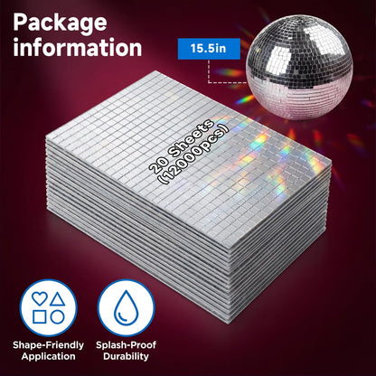 Yuanan 12000 PCS Disco Ball Mirror Tiles, 5×5 mm Self Adhesive Mirror Mosaic Tiles Bulk Glass Mosaic Stickers Extra Sticky for DIY Crafts, Flower Pots, Glassware, Cups, Party and Home