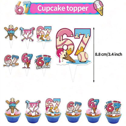 Toplepor 67 Ornament Birthday Decorations, 67 Meme Themed 6 7 Ornament Birthday Party Favors Set Includes Banner, Large Cake Topper, 24 x Cupcake Toppers, 18 x Ballons 6 7 Birthday Decorations