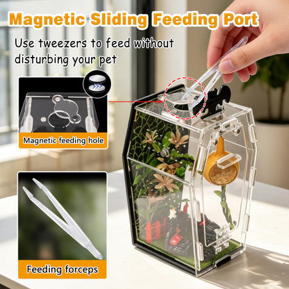 ZUIFIANLE 19PCS Jumping Spider Enclosure Kit, Acrylic Goth Coffin Terrarium with Magnetic Lock & Feeding Hole, DIY Decor Set for Tarantula Mantis Insect Habitat, Black Base