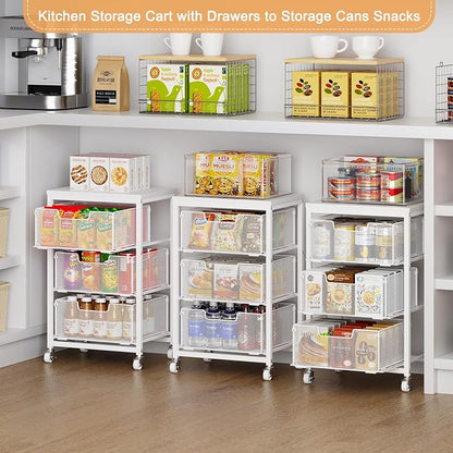 Kitchen Cart with Storage, 3-Tier Pantry Organizer and Storage Cart with Drawer, Fruit Vegetable Storage Cart with Wheels, Wooden Top Metal Wire Kitchen Organizer Rack Stand for Snack Onion Potato
