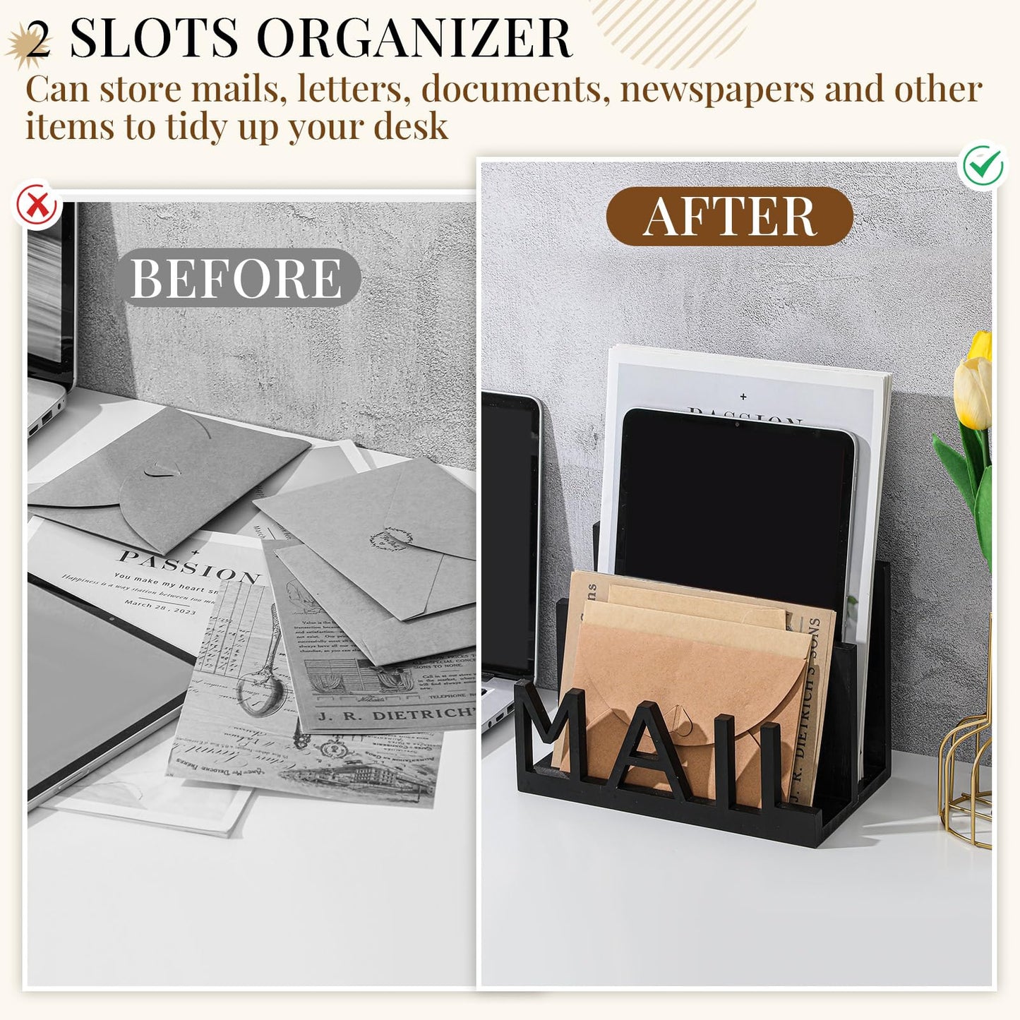 Vercraft 2 Slot Mail Organizer Holder Countertop Wooden Mail Black Letter Holder with Cutout Lettering Design for Office Desktop Envelope and Document Storage Rack