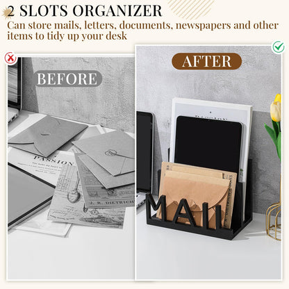Vercraft 2 Slot Mail Organizer Holder Countertop Wooden Mail Black Letter Holder with Cutout Lettering Design for Office Desktop Envelope and Document Storage Rack