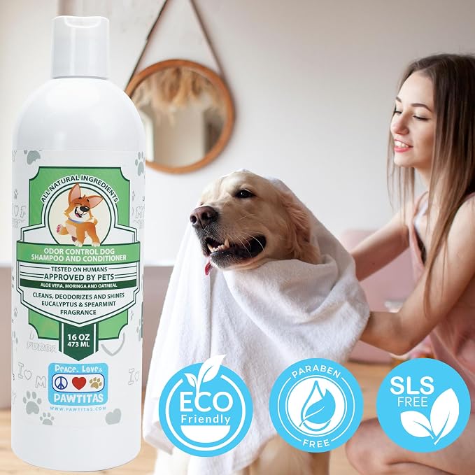 Pawtitas Dog Shampoo and Conditioner All Natural and Hypoallergenic Shampoo for Puppy Made with Certified Organic Natural Herbs Dog Conditioner - 16 Oz Dog Shampoo Made with Eucalyptus & Spearmint