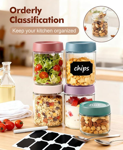 6 pack 10 oz Overnight Oats Containers with Lids and Spoons Glass Jars with Airtight Lids: Wide Mouth Mason Salad Jars, Leakproof and Reusable Glass Food Storage Container for Yogurt Snacks Spice