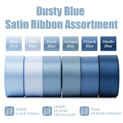 MAYREEL 1 Inch Dusty Blue Satin Ribbon Slate Blue for Gift Wrapping Wedding Bridal Shower Crafts 6 Rolls 10 Yards Each Color Total 60 Yards