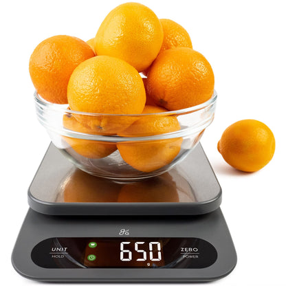 Greater Goods High Capacity Kitchen Scale, 10kg/22lb Capacity Food Scale for Bulk Cooking & Baking, Touch Controls, Hi-Def LCD, Stainless Steel Platform, Precise to 1g