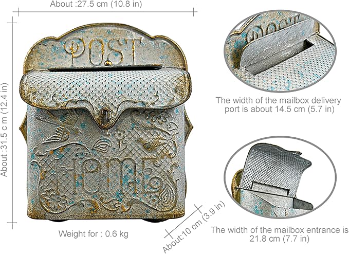 BIG FORTUNE Wall Mount Mailbox for House Outside Vintage Metal Door Mailbox Antique Style Nostalgic Charm Home Decor Garden Vintage English Cottage Decor Flower Patter (Grey)