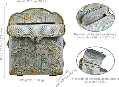 BIG FORTUNE Wall Mount Mailbox for House Outside Vintage Metal Door Mailbox Antique Style Nostalgic Charm Home Decor Garden Vintage English Cottage Decor Flower Patter (Grey)