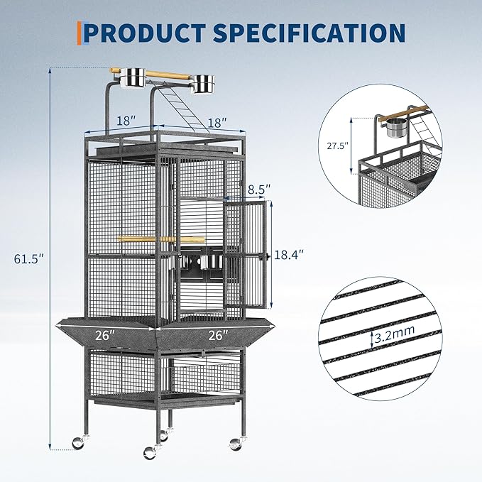 61" Extra Large Bird Cage with Rolling Stand & Play Top - Wide Metal Parrot Cage for Macaws, Cockatoos, Conures, Parakeets, Lovebirds, Includes Bowls
