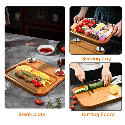 MAVOTER Wooden Steak Plates include 2 Sauce Cups, Wood Steak Board Set Serving Tray for Food Meat Cutting Board with Juice Groove, Charcuterie Board Platter for Home