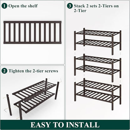 Smiry Bamboo Shoe Rack, 6 Tier Free Standing Wooden Shoe Organizer, Stackable Wood Shoe Storage Shelf for Closet, Entryway, 14 Vertical Slats, 2+2+2 Stack Heavy-Duty Legs, 26.8"x11"x39", Brown