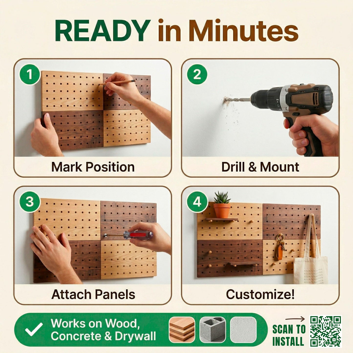 IliBx Wooden Pegboard Wall Organizer Kit – Modern Density Wood Peg Board with Shelves & Hooks – 2 Tone Natural & Brown Wood-Look Wall Organizer for Office Setup or Home Decor Storage Rack