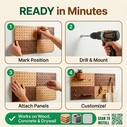 IliBx Wooden Pegboard Wall Organizer Kit – Modern Density Wood Peg Board with Shelves & Hooks – 2 Tone Natural & Brown Wood-Look Wall Organizer for Office Setup or Home Decor Storage Rack