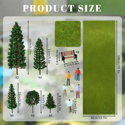 Soulchen 30 Pieces Model Trees 3.3-6.3 Inch Mixed Mini Trees Diorama Supplies Model Grass Mat Mini People Figurines Benches Ho Scale Accessories for Projects Train Scenery Landscape DIY Crafts