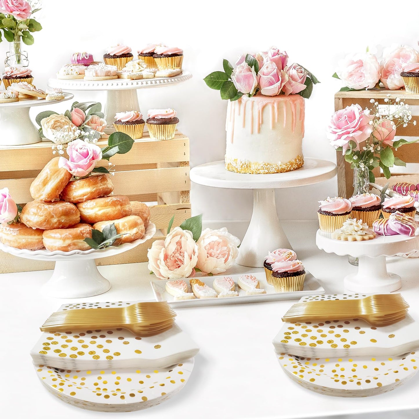 WXLDGHQ White and Gold Paper Plates Napkins Party Supplies,Disposable Gold Dot Paper Dessert Plates,105 PCS Birthday Plates and Napkins Party Supplies for Wedding(Serves 35 Guests 7")