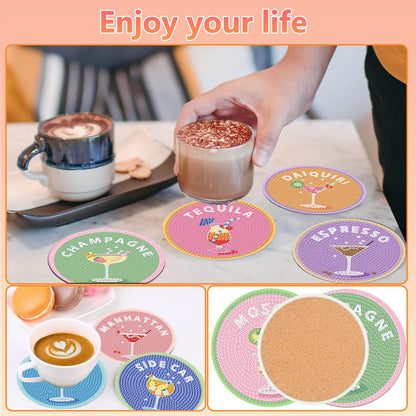 8 Pcs Cocktail Diamond Art Coasters Kit for Adults, Cocktail Diamond Painting Coasters with Holder, 5D Gem Art DIY Crafts Diamond Dots for Gift Life