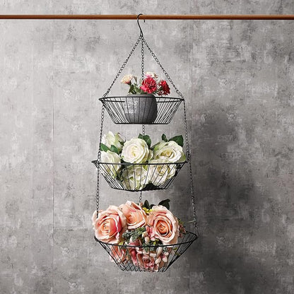 3-Tier Wire Fruit Hanging Basket 2 Packs, non-Punching Wall Hanging Storage