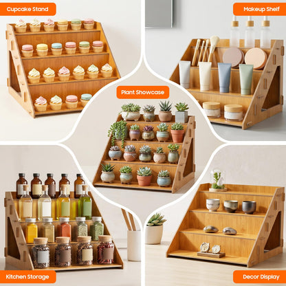 YUASDUU 4PCS Retail Display Rack, 4-tier Wooden Farmers Market Display Rack Cupcake Tabletop Display Stand Rustic Craft Fair Display Riser Portable Riser for Vendor Candle Cupcakes Jewelry Tumblers