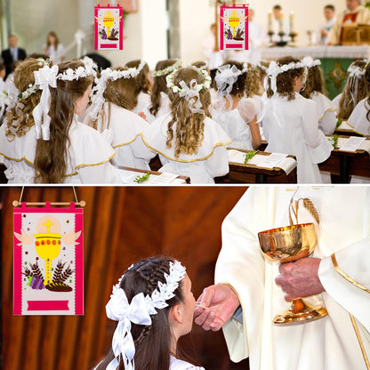 First Communion Banner Kit Girls 9 x 14 Inch First Holy Communion Banner kits Sunday School DIY Arts and Crafts kit for kids First Communion Gifts for Girls or Boys (Pink)