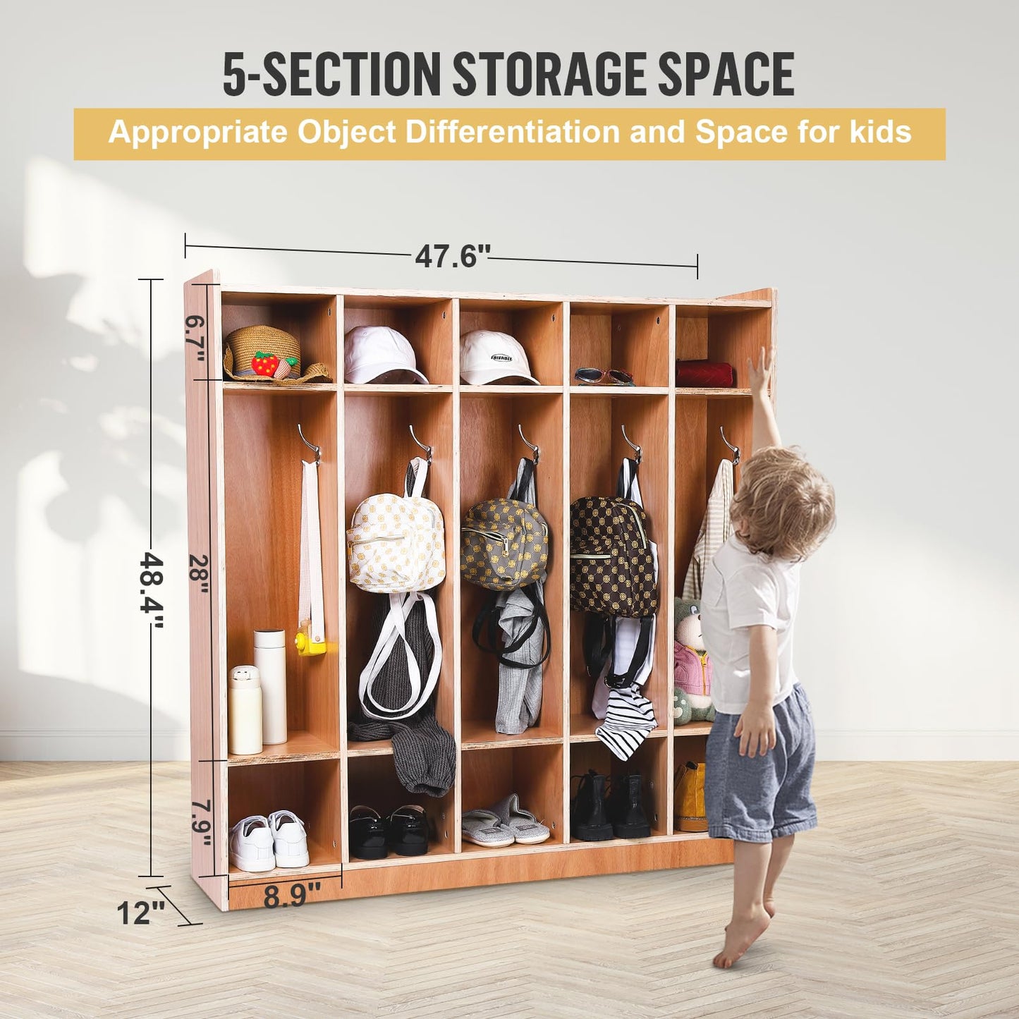 5-Section School Coat Locker, Glazed Classroom Cubbies with 4 Hidden Wheels and 2 Storage Boxes, Daycare Storage Cabinet for Home, School, Kindergarten, 5 Large Cubbies with Hooks & 10 Small Cubbies