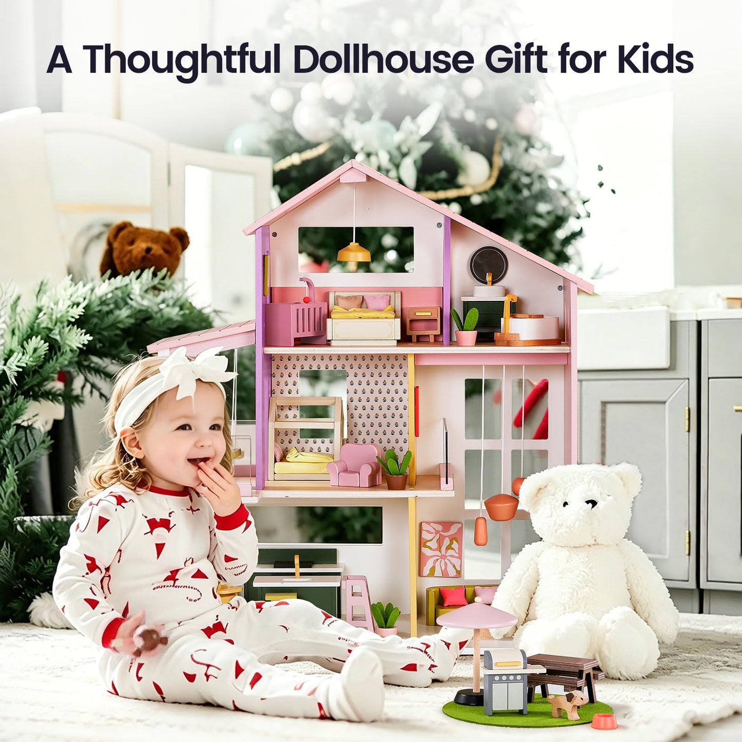 Tiny Land Wooden Doll House, Modern Family Dollhouse with Realistic Design, 7 Rooms Dollhouse with 49 PCS Accessories, Montessori Pretend Play Toddler Toy, Ideal Gift for Kids Ages 3+, Pink