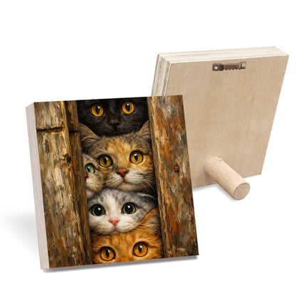 Curious Cats Wooden Block Sign, Cute Cat Art Wood Decor, Playful Animal Shelf Sitter Home Table Mantel Tiered Tray Accent, Unique Gift for Cat Lovers