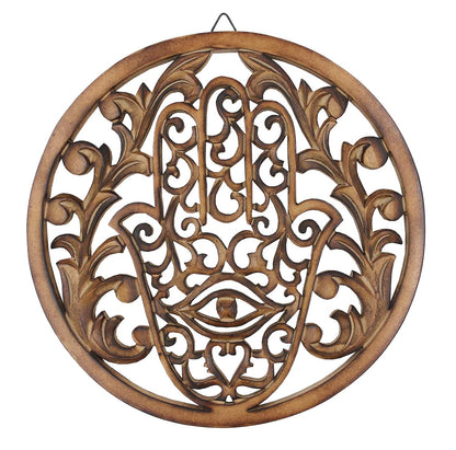 DharmaObjects Handcrafted Hamsa Hand Of Fatima Home Blessing Protection Wooden Rustic Wall Mounted Decor Hanging Art (Brown)