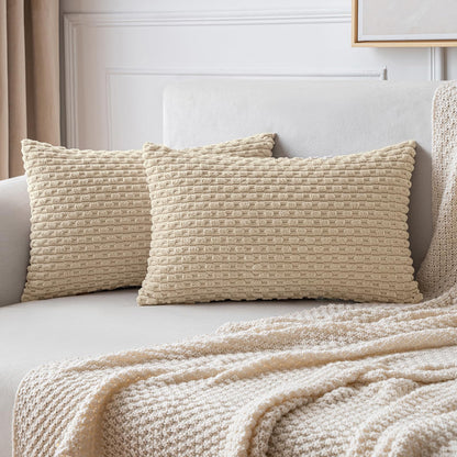 MIULEE Pack of 2 Decorative Throw Pillow Covers 18x18 Inch Soft Boho Striped Textured Corduroy Pillow Covers Modern Farmhouse Home Decor for Couch Bed Sofa Living Room Cream White