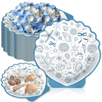 Acellegic 40pcs 7inch Seashell Paper Plate Ocean Seashell Beach Coastal Party Supplies Disposable Blue Bow Hydrangea Starfish Plate Seaside Favor for Summer Beach Wedding Bridal Shower Birthday Party