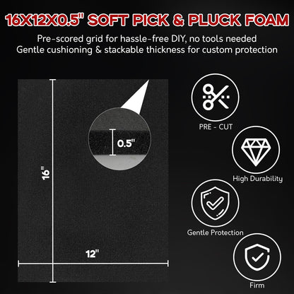 4 Pack Pick and Pluck Foam Sheets 16x12x0.5 Inch, Pre-Cut Grid Foam for Case Liner, Drawer Liner, Padding and Storage Protection