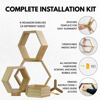 LABEND HOME Hexagon Floating Shelves Set of 4 - Solid Wood Wall Mounted Shelves - Honeycomb Geometric Display Shelves for Living Room, Bedroom, Kitchen - Natural Wood Finish -Includes Hardware & Level