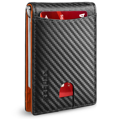 RUNBOX Slim Wallets for Men with RFID Blocking & Minimalist Mens Front Pocket Wallet Leather Black&inner Orange