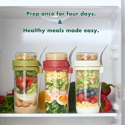 Danmu 24 oz Glass Meal Prep Containers 4-Pack with Lid & Dressing Cup - Leak Proof Salad Jars & Overnight Oats Containers with Lids Stainless Steel Fork Included for On the Go Lunch, Work, Fitness