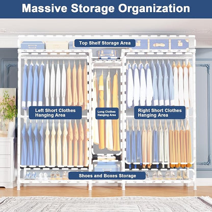 Ulif E12C Pro Heavy Duty Closet Organizer System，Freestanding Clothing Racks for Hanging Clothes，Adjustable Garment Rack 71"W x 16"D x 76.5"H Hold 960lbs，White Clothing Rack with Grey Dustproof Cover
