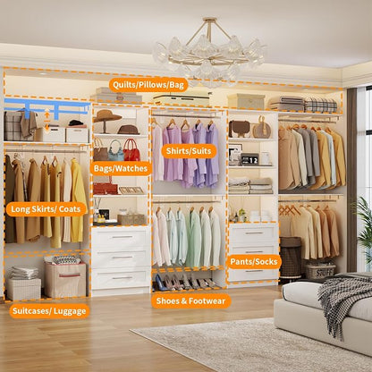 Closet System with 6 Wood Drawers, 6-12FT Closet Organizer System with Cuttable Shelves for Walk in Closet with 6 Expandable Hanging Rods, Heavy Duty Built-in Closet for Bedroom, White