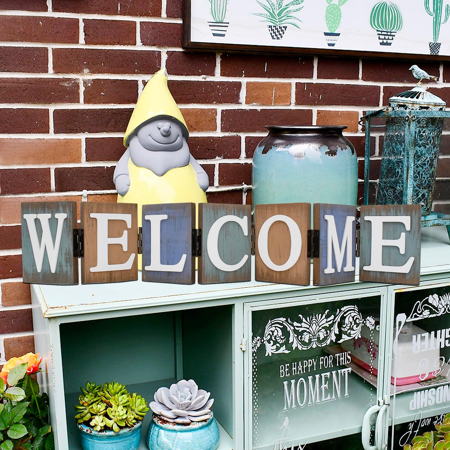 Welcome Tabletop Wooden Cutout Letter Sign - Folding Hinged Free Standing Rustic Love Word Sign for Table, Shelf, Mantel, Fireplace Farmhouse Home Decor