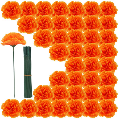 100PCS Marigold Flower Heads with Stems – Artificial Cempasuchil Flowers for Día de Los Muertos Altar, Day of The Dead Decorations, Halloween, Mexican Party, DIY Garland & Wreath Décor（Orange）