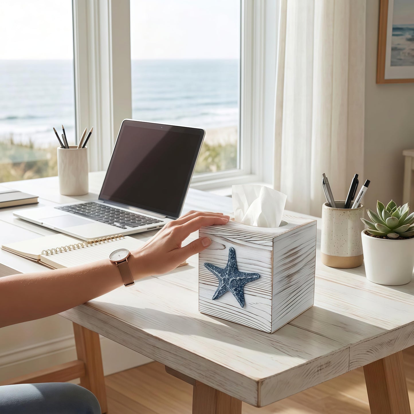 Ovimyne Coastal Tissue Box Cover Wooden Retro with Sliding Bottom Panel Beach Decor for Bathroom Bedroom Living Room,Starfish Decor Suitable for Coastal Gifts Beach House Gifts