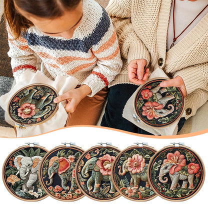 Eforcase Embroidery Starter Kit for Adult Beginner with Cute Elephant Animal Floral Pattern Cross Stitch Hand Embroidery Set DIY Cross Stitch Kits with Hoops Needles Threads