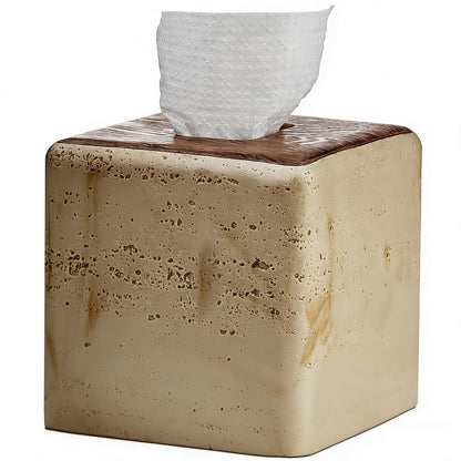 Natural Travertine & Wood Textures Tissue Box Cover Square for Home Decor,Resin Heavy Tissue Box Holder for Bathroom Countertop,Tabletop,Bedside Table,Office (Handmade of Resin)