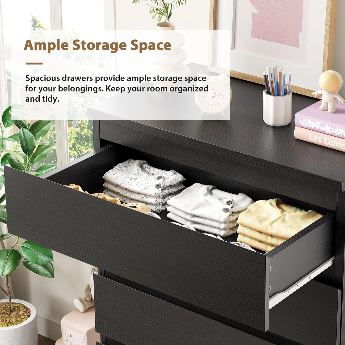 Jocoevol Black 5 Drawer Dresser for Bedroom, 15" D x 23.7" W x 40.4" H in Simply Chest of Drawers, Wood Storage Dresser with Drawers for Living Room Hallway Entryway, Black