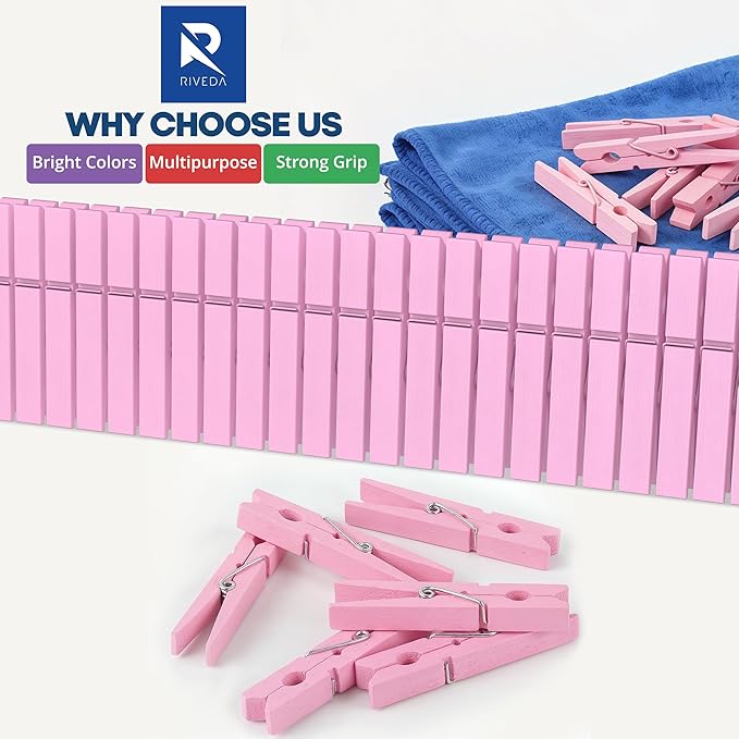 50 Pack Colored Clothes Pins Wooden