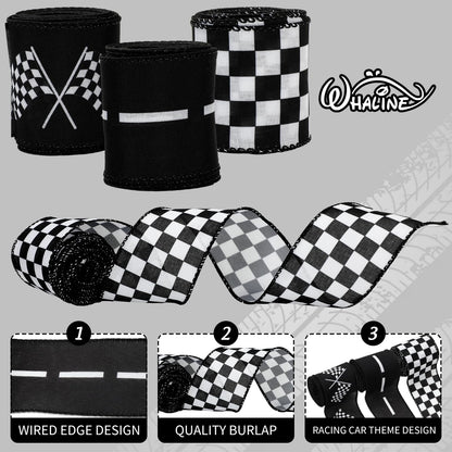 Whaline 3 Roll Racing Car Theme Wired Edge Ribbon 18 Yards 2.5 Inch Black White Checkered Decorative Fabric Ribbon for Wreath Bow Sport Team DIY Craft Gift Wrapping Supplies