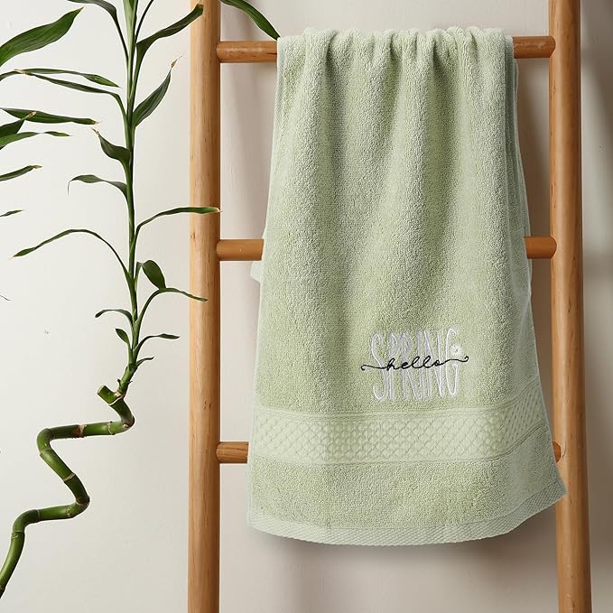 2 Pcs Hello Spring Hand Towels Gray Green Bathroom Decor 14x29 Inch 100% Cotton