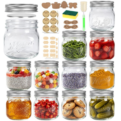 BIGIVACA 16 oz Wide Mouth Mason Jars, 12 Pack Canning Jars with Embossed Fruit Pattern, Glass Jars for Food Storage, Preserving, Pickling, Meal Prep, DIY Crafts and Home Decor